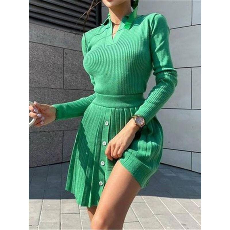 European and American Sexy Pleated Autumn Silm Long Sleeves Open Collar T-shirt Skirt Knitted Two-Piece Knitted Suit