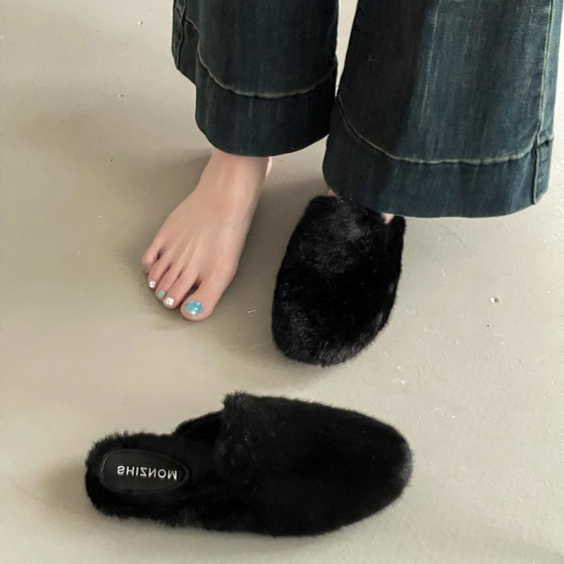 Semsket skinn med skjørt, flate fluffy sko for kvinner, fransk mild vind om høsten og vinteren, enkel pendling, allsidig veskehode fluffy tøffel
