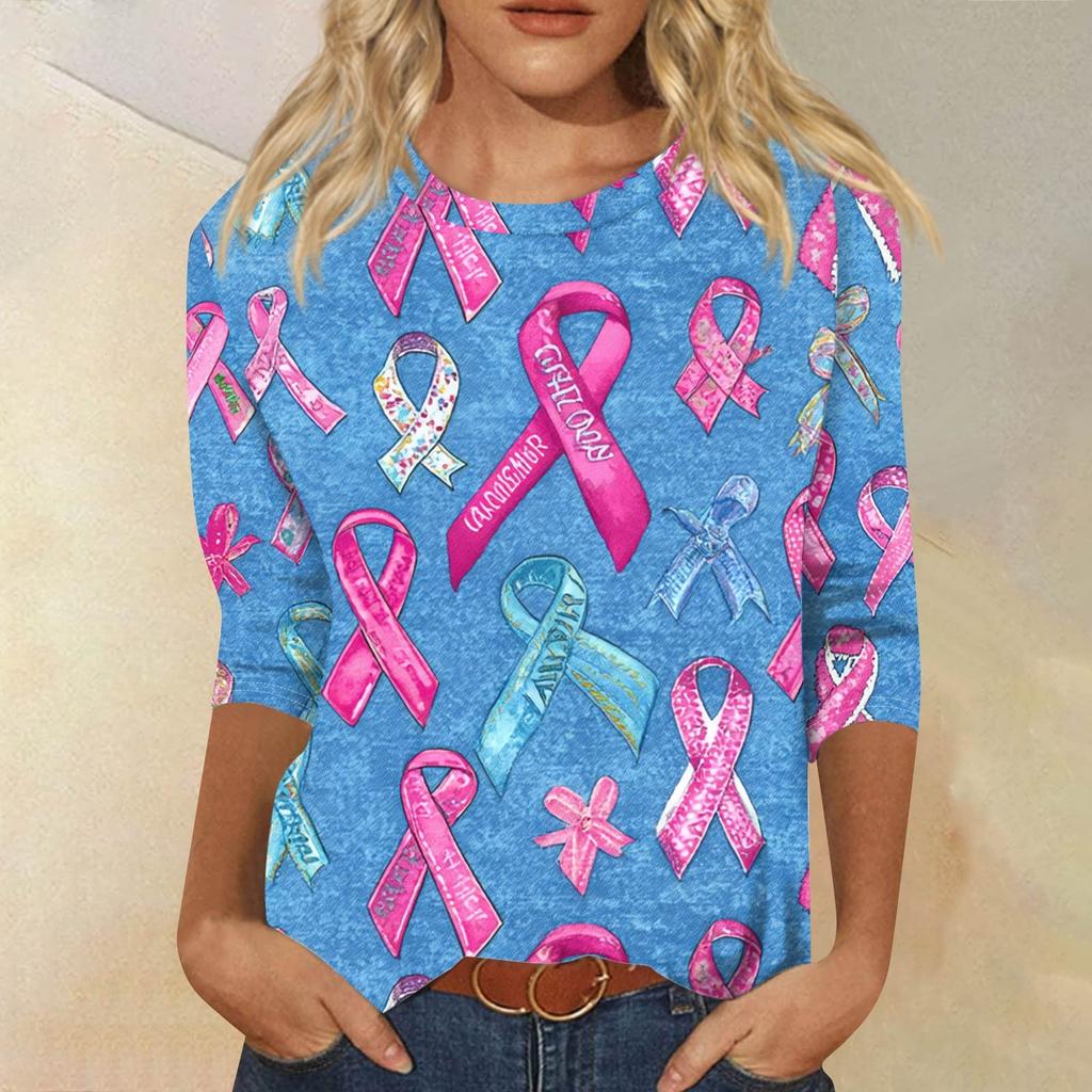 Women's Fashion Casual Seven Split Sleeve Printed Loose Round Neck Top