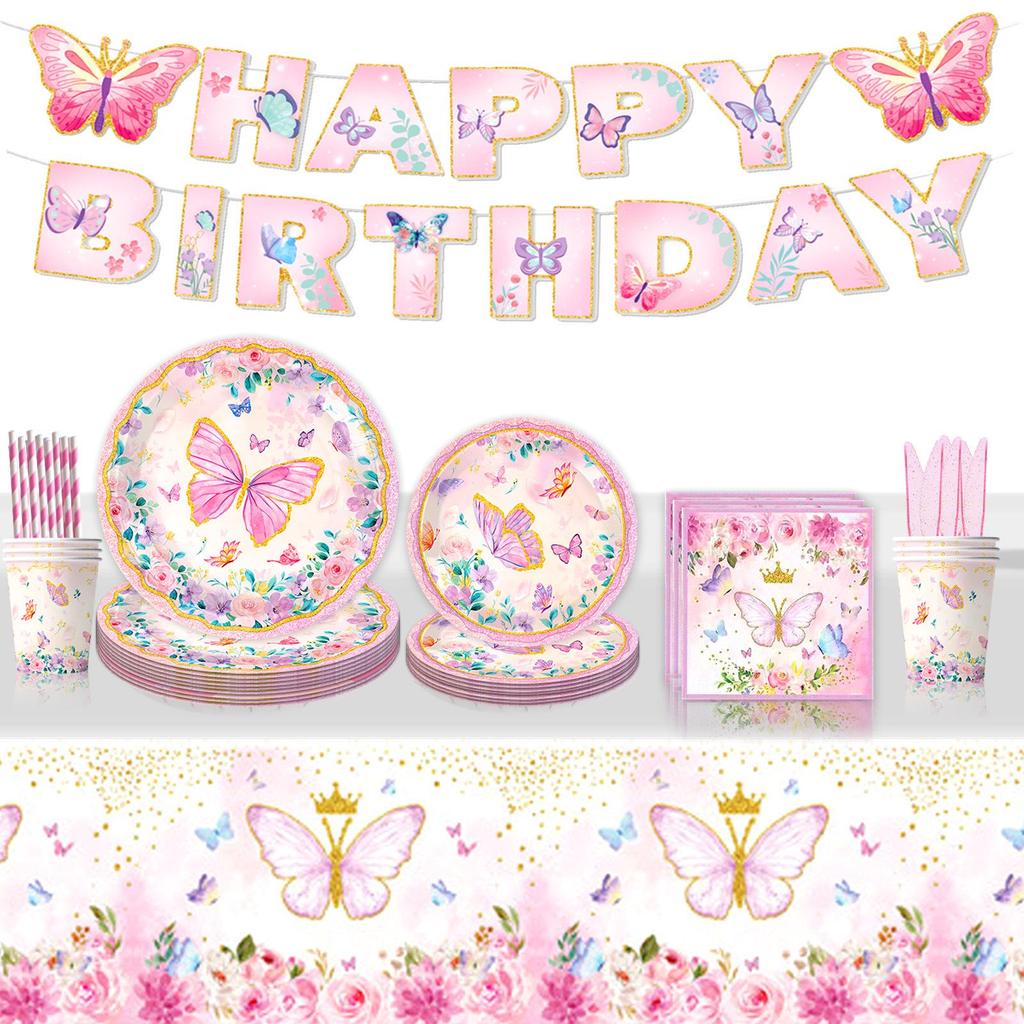 Pink Butterfly Birthday Party Tableware Set – Plates, Napkins, Tablecloth & Decorations