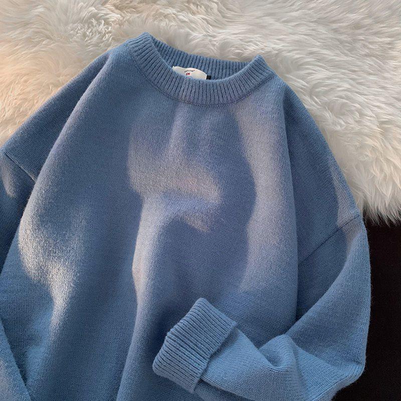 

Мужской однотонный осенне-зимний свитер свободного кроя с круглым вырезом, в гонконгском стиле Up to 5 kg синий