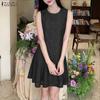 ZANZEA Women Round Neck Summer Casual Sleeveless Patchwork Lace Dress