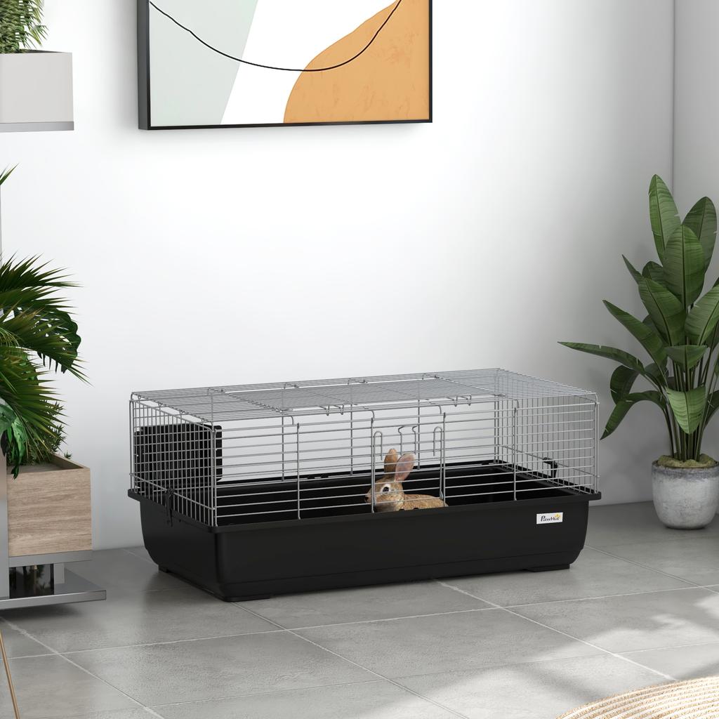 Rabbit Cage with 2 Doors and Removable Tray, in Metal and PP Plastic, 100x55x41 cm, Black and Silver