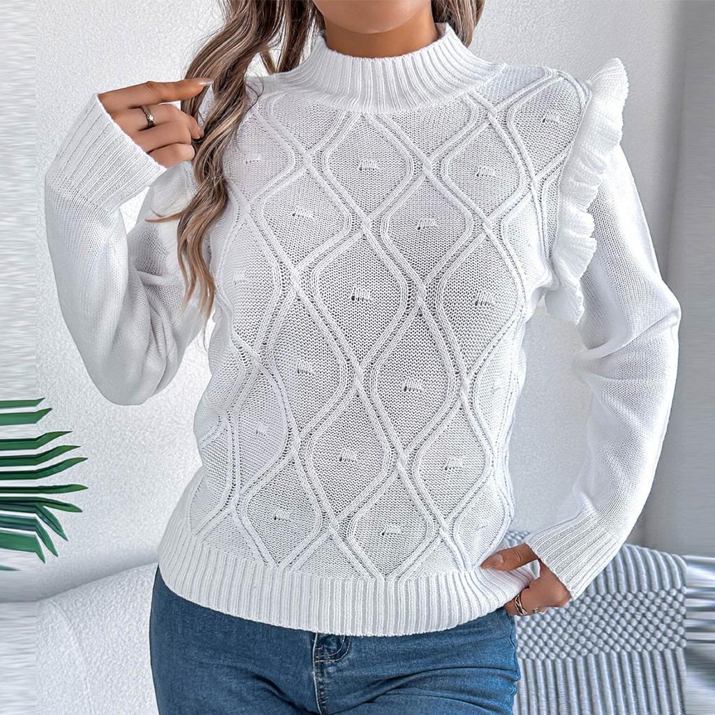 Women's Solid Color Fungus Edge Long Sleeve Stand-up Collar Pullover Sweater