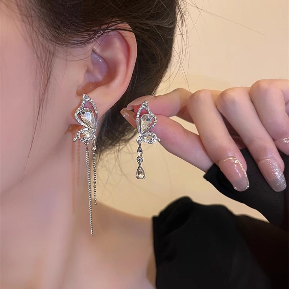 Silver Needle Diamond Asymmetrical Butterfly Tassel Earrings Korean Niche Temperament Earrings Exquisite Design Earrings Women