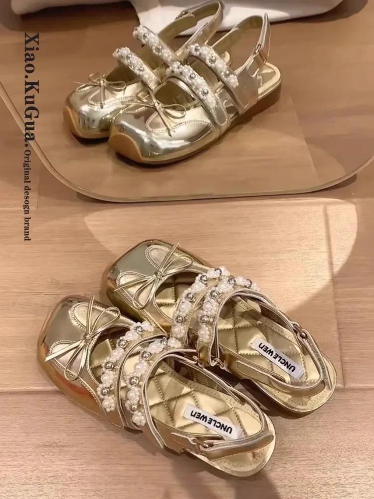 

Модные летние новые женские сандалии с жемчужным узлом, на плоской подошве, Мэри Джейнс, в стиле ретро, резиновая подошва, удобные туфли-слипоны для платья 36 золотой