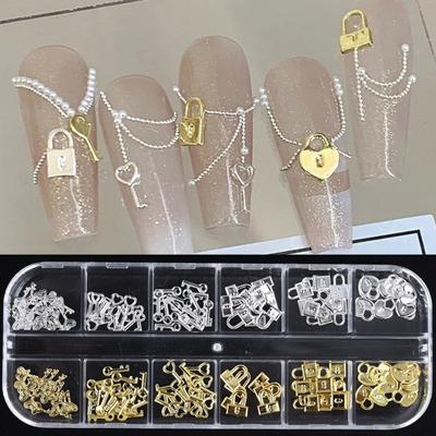 1 Box Nail Art Charm 12 Grids Assorted Hollow Metal Love Heart Lock Key Women Girls DIY Nail Decoration Accessories Birthday Gift