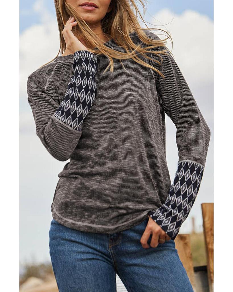 Azura Exchange Gray Aztec Patchwork Ribbed Long Sleeve Top