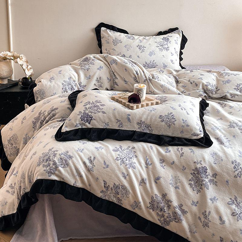 G5Z Melkfluweel & Kant Beddengoed Set: Verdikte Vierdelige Flanel & Koraalvlies, Dubbelzijdig met Dekbedovertrek.