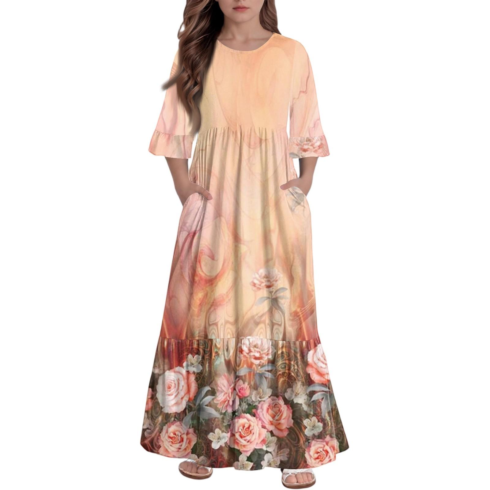 

Дівчаче ярусне плаття з воланами - Максі з кишенями, рукав 3/4 160 помаранчевий