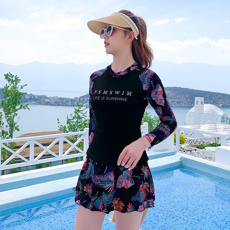 "Women's Conservative Split Skirt Swimsuit, Long Sleeve, Sun-Protective, Korean Style"