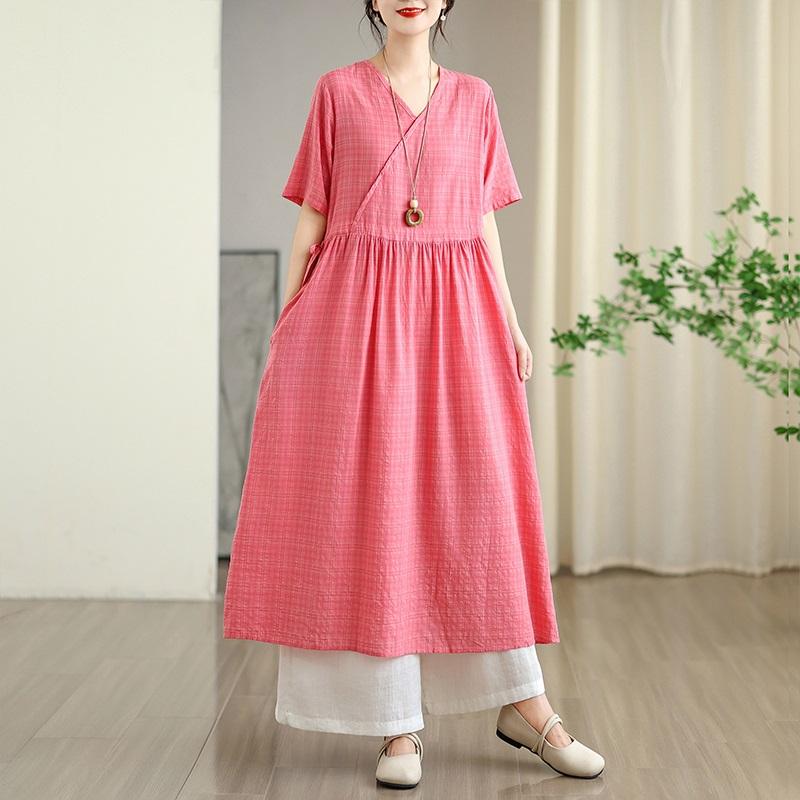 Short sleeve Plus size Cotton linen vintage plaid new in dresses for women casual loose long summer dress