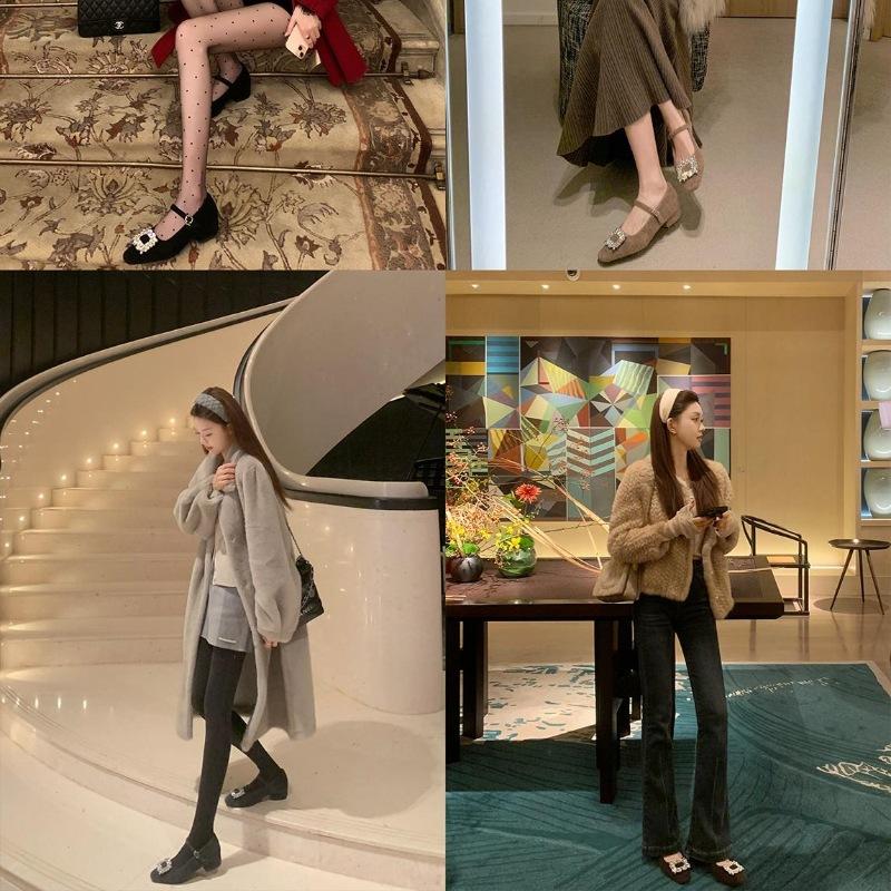 Grape mother studiolee drill buckle small square head velvet with warm woolen thick heel Mary Jane single shoes women