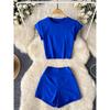 Minimalist Style Athleisure Pure Color Pure Desire Sexy Suit Women's Summer O-neck Short T-shirt + High Waist Figure Flattering Shorts