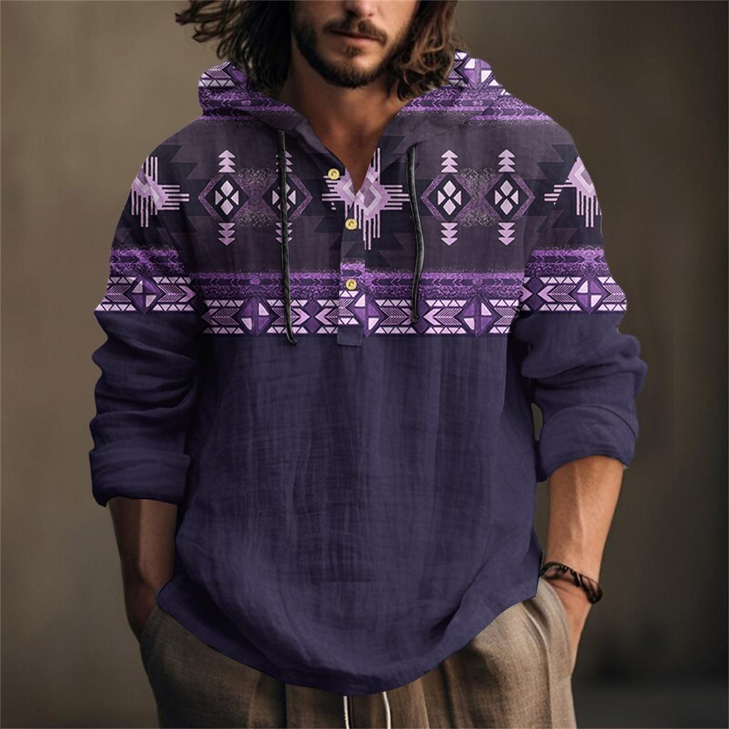 Printed Men's Cotton And Linen Shirt Hooded Long-sleeved Hooded Spring And Summer Casual Daily Wear