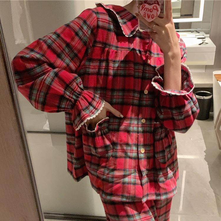 

Женский красный клетчатый рождественский пижамный комплект с воротником Питер Пэн One Size красный