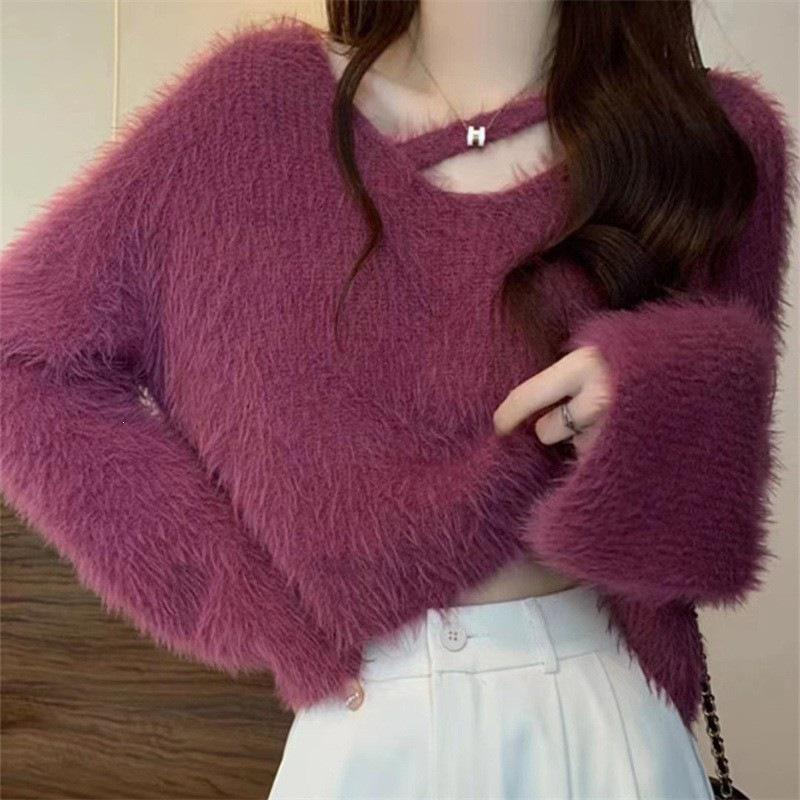 Autumn/Winter Faux Mink Velvet Women's Long Sleeve Knit Sweater - Soft, Loose, Lazy Style