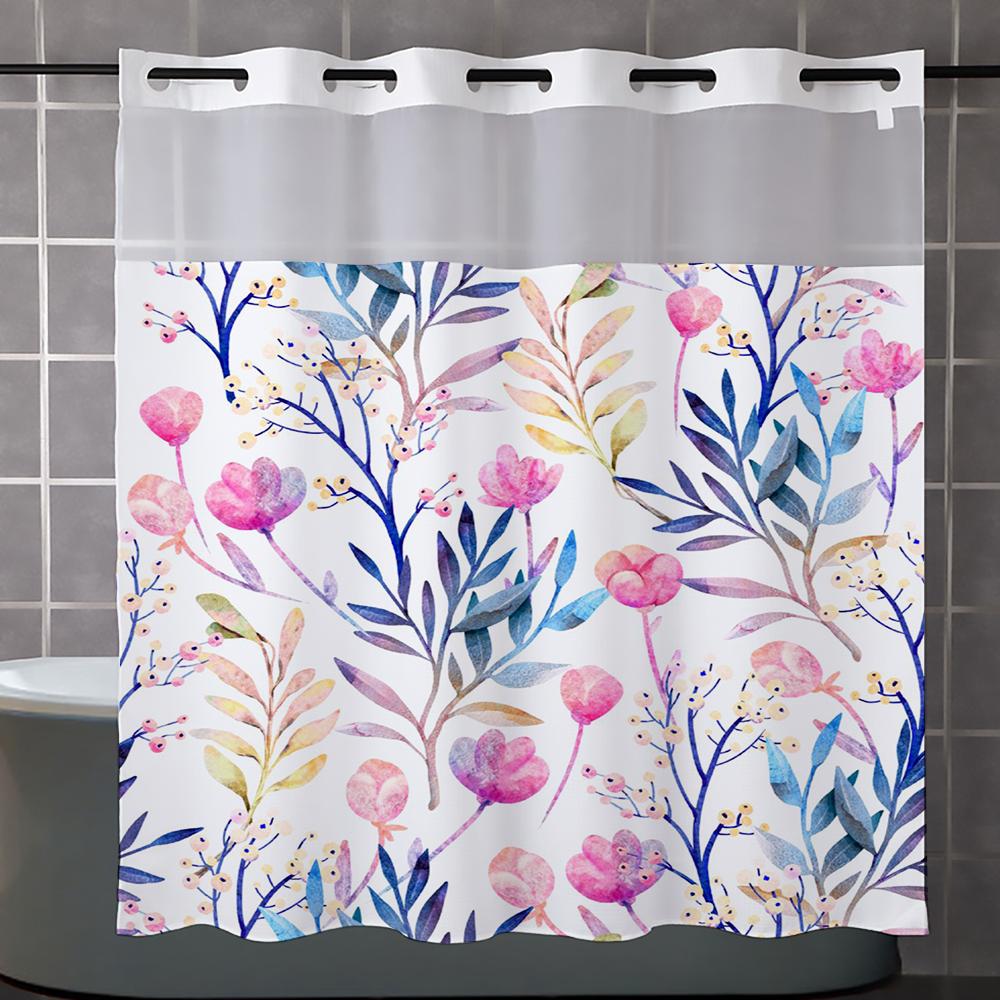 No Hook  Floral Pattern Shower Curtain With Snap-in Fabric Liner, Sheer Top Window, Waterproof Double Layer Bathtub Curtain