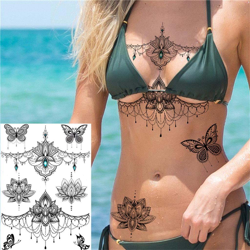 Body Art Henna Temporary Tattoos For Women Adult Fake Mandala Flower Tattoo Sticker Feather Butterfly Black Tatoos Leg Feet Foot