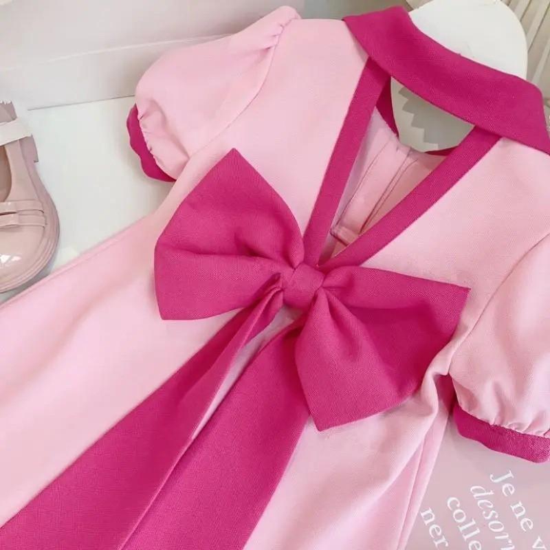 Girls Dress Short Sleeve Princess Style Solid Color Bow A-line Skirt Kids 8-16 Years