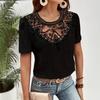 Nuova Blusa Estiva con Inserti in Pizzo da Donna Camicie Scollo Tondo Traforate Top alla Moda Manica Corta Colore Unito Dolce Abbigliamento Largo Elegante