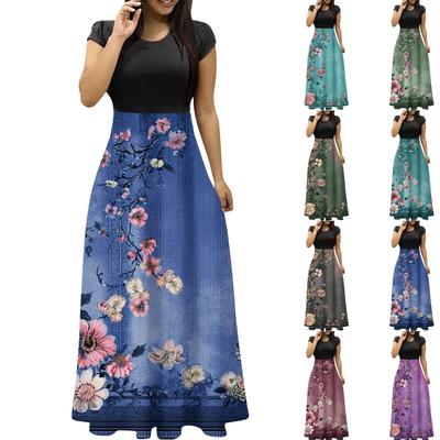 Women's Fashion Casual Loose Printed Round Neck Short Sleeve Long Dresses Short Sleeve Long Dresses