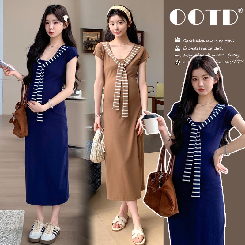 2026 Summer Maternity Striped Two-Piece Dress with Cinched Waist