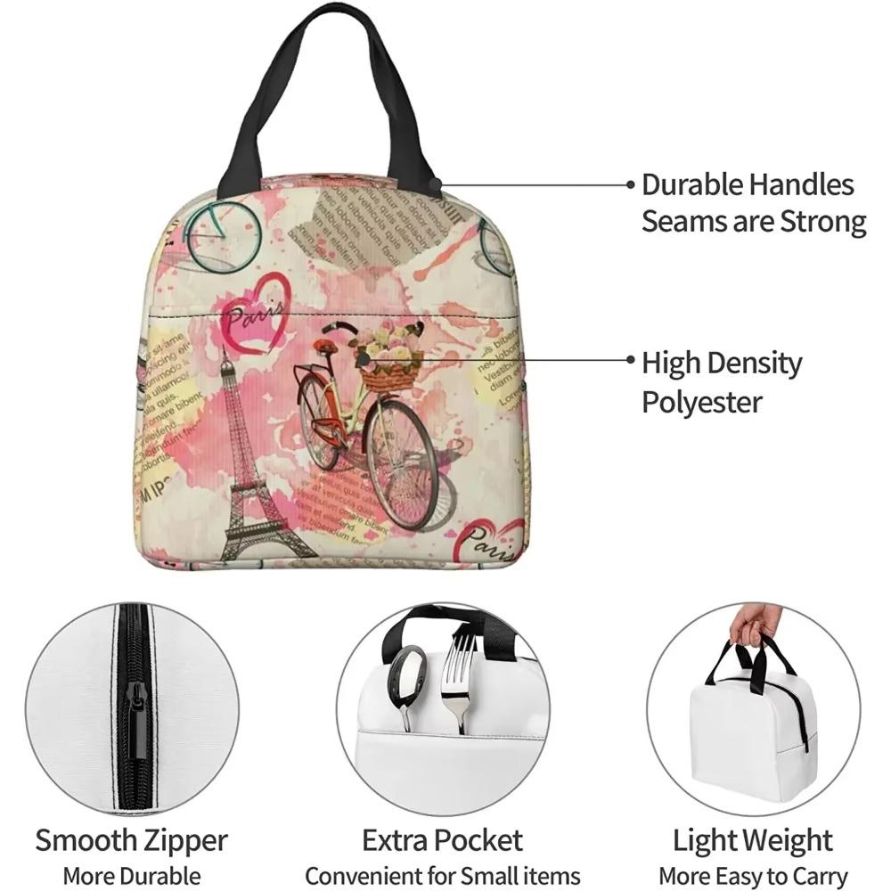 Lunch Bags Vintage Newspaper Lunch Box Bags Bicycle with Flowers for Women Washable Lunch Container Box