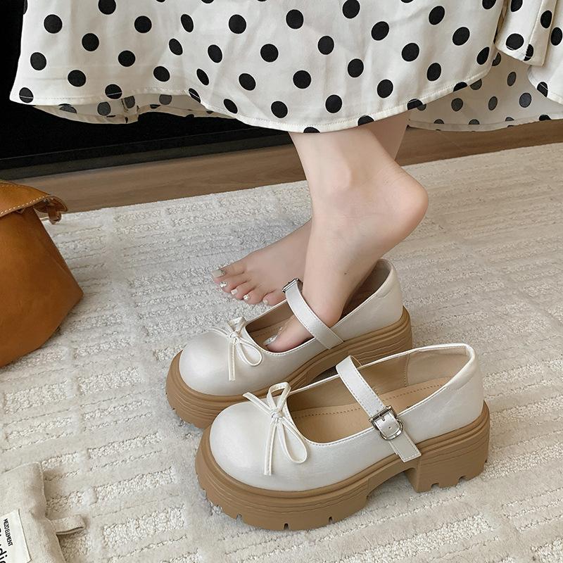 

Bow new shallow mouth small leather shoes versatile platform single shoes French women s 2025 summer skirt Mary Jane shoes 35