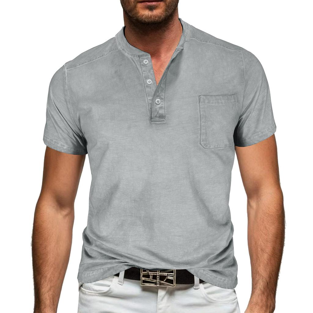 Men Henley Neck Short Sleeve T Shirt Casual Pocket Design Button Up Lightweight Soft Fabric Top for Daily Wear