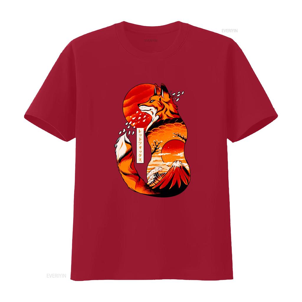 Japanese Fox Print T Shirt for Cool Vintage Washed Slightly Breathable Unisex Casual Soft Designer Clothes Streetwear