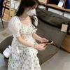 Summer New Square Neck Short Sleeve Waist Skinny Bubble Sleeve Skirt Floral French Dress Women's Clothing