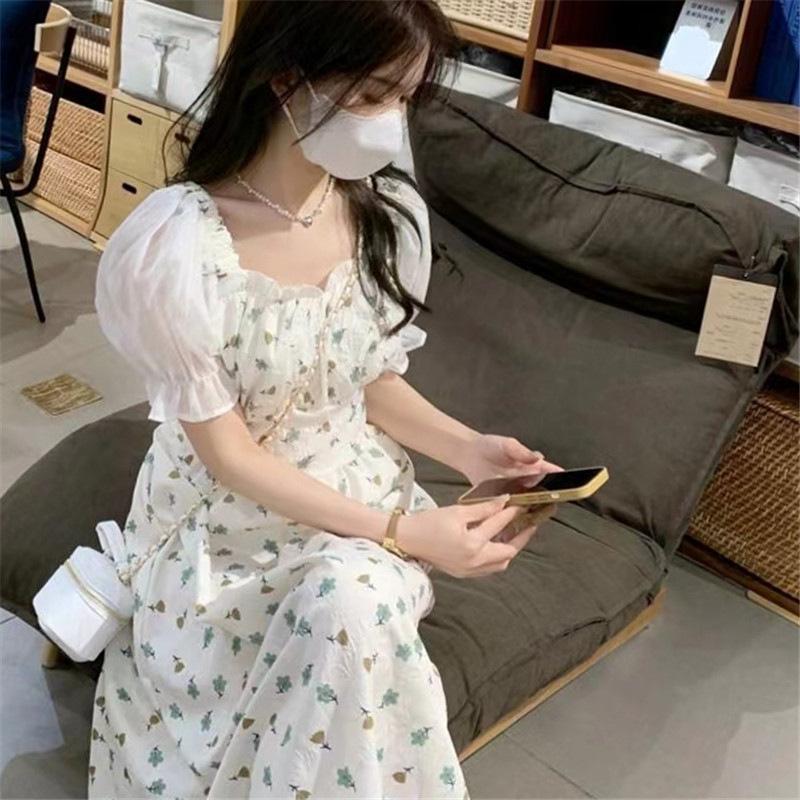 Summer New Square Neck Short Sleeve Waist Skinny Bubble Sleeve Skirt Floral French Dress Women's Clothing