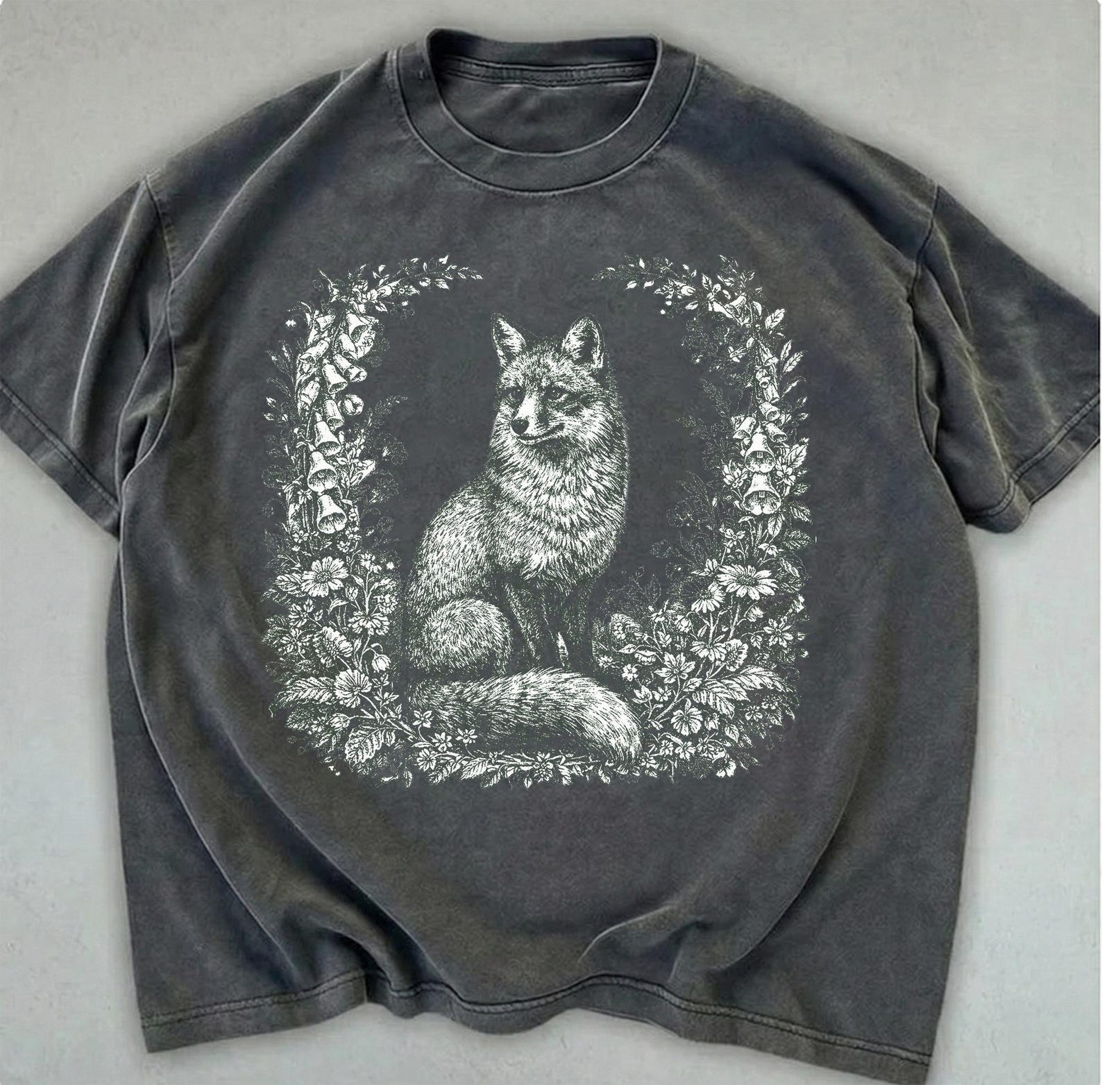 Cottagecore Fox Shirt, Retro Linocut Floral t-shirt, Folk Art Forest Animal TShirt, Woodland Top L