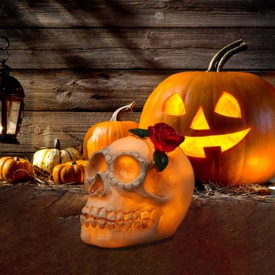 Halloween Skull Night Light Rose Spooky Ghost Resin Craft Realistic with Festival LED Atmosphere