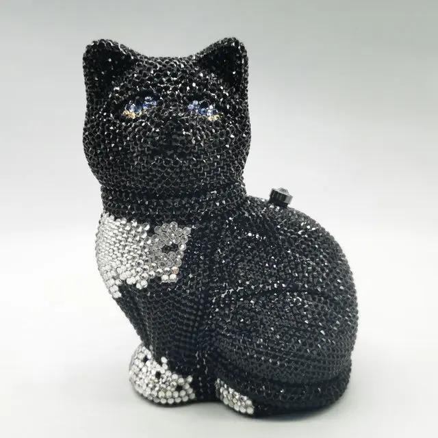 Boutique De FGG Black Cat Shape Women Crystal Clutch Evening Bags Rhinestone Clutch Minaudiere Handbag Party Wedding Purse