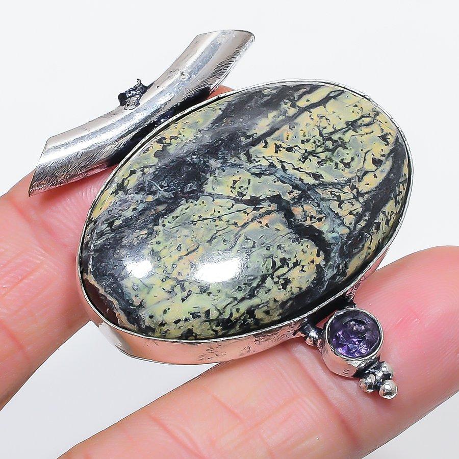 Natural Dragon Blood, Amethyst 925 Sterling Silver Jewelry Pendant 1.97" S8c42