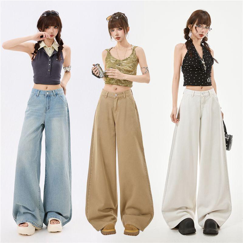 Spring Summer Pure Cotton Breathable Drape Relaxed Wide Leg Casual Denim Pants For Women Casual Pants Oversize Denim Trousers