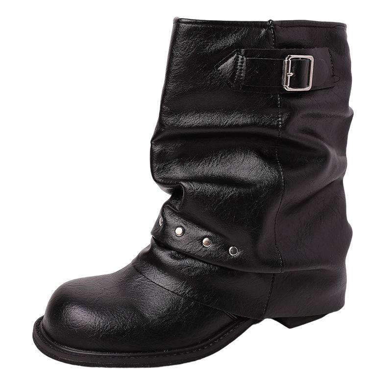 Simple design wind rivet belt buckle stack boots 2025 winter fashion retro wind thick heel loose knight boots