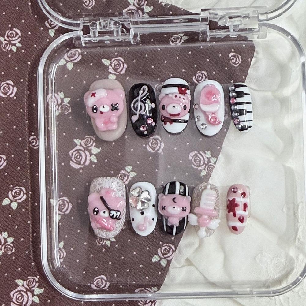 Cute Pink Rabbit Love Bear 3D Star Butterfly Knot Wing Dot Ellipse Fake Nails Birthday Gift Nail Art