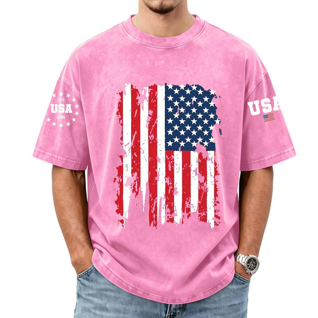 Men's Loose And Casual Flag-print T-shirt, Short Sleeve Shirt