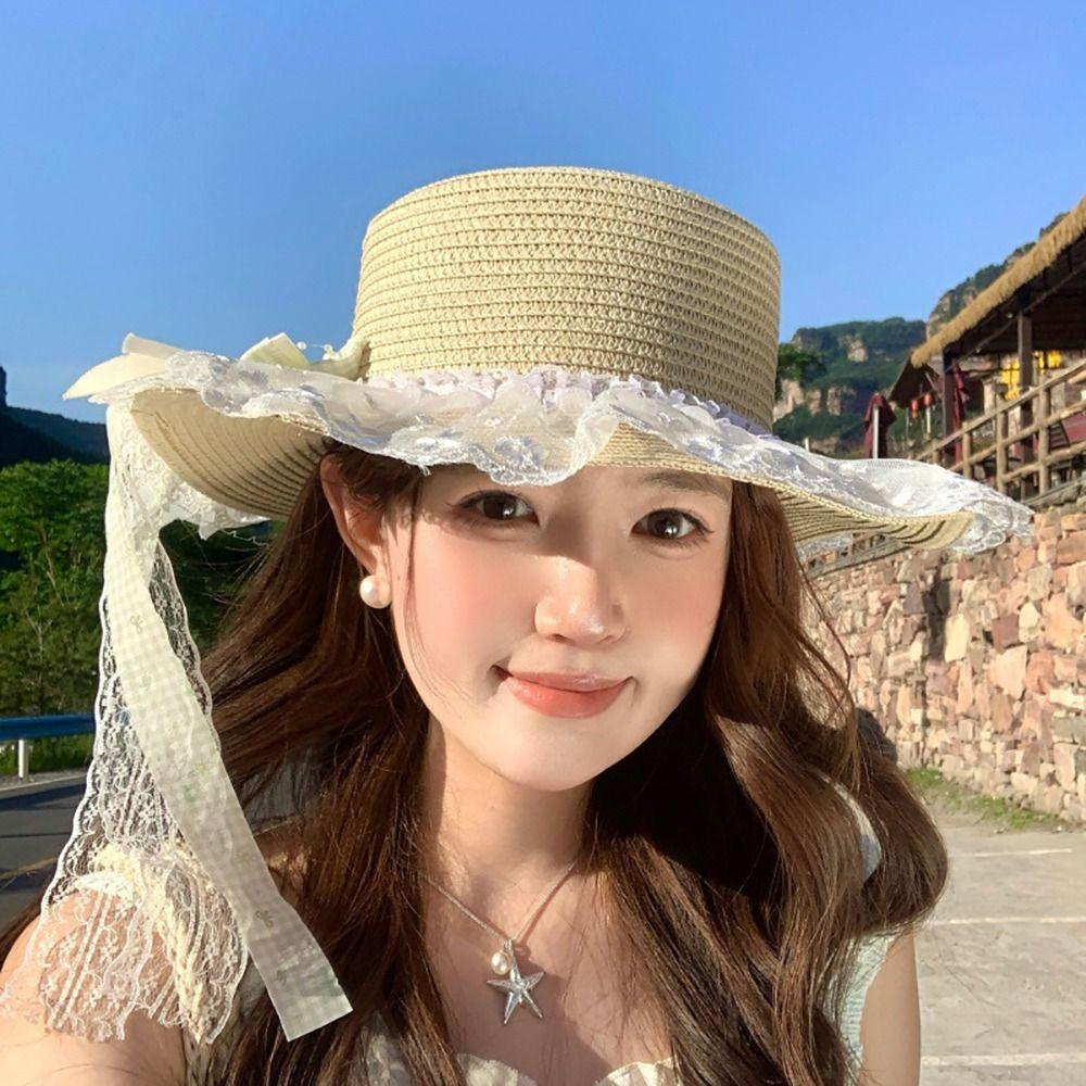 Large Brim Straw Hat Flower Wide Brim Hat Fashion Sun Hat  Sun Shading