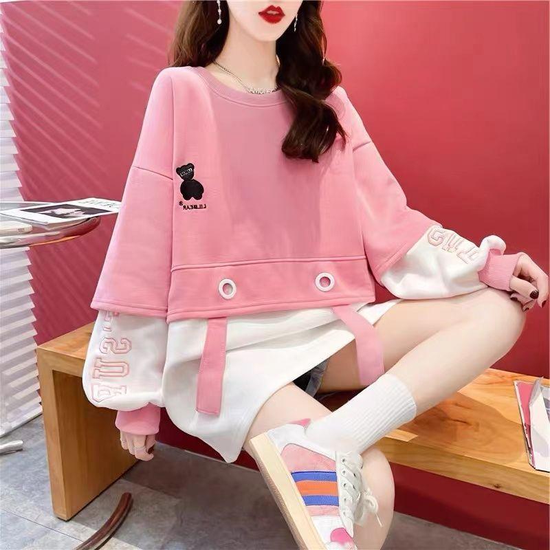 

Весняна Мода Маленький та Підроблений Зшитий Круглий Виріз Вільний Великий Розмір Універсальний Приталений Топ з Довгим Рукавом XXXXL рожевий