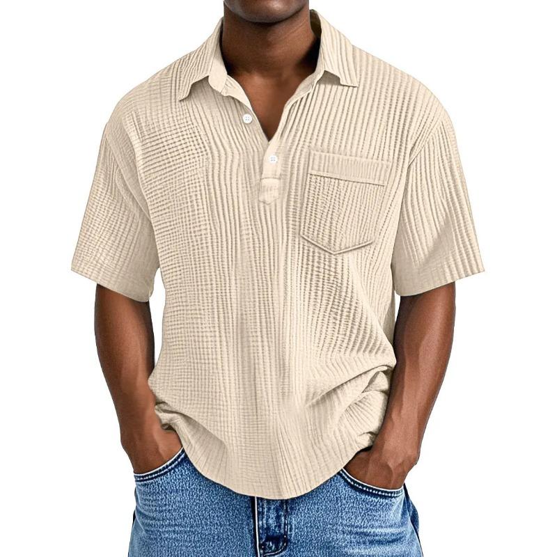 Men Casual Solid Color Waffle Knit Short Sleeve Polo Shirt