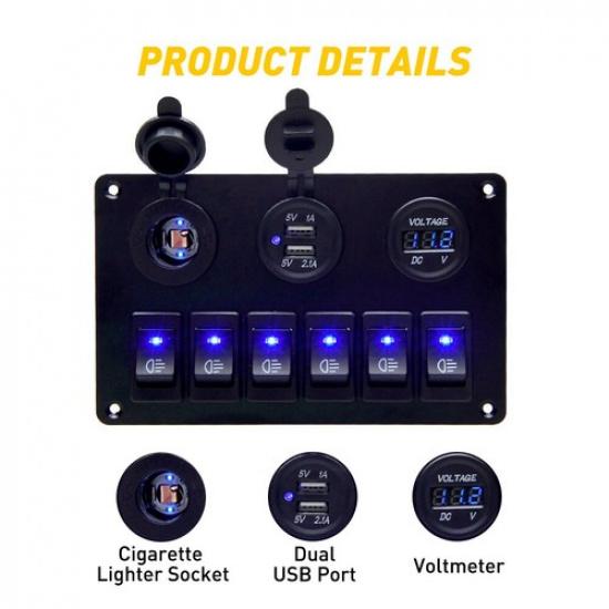 6 Gang Switch Blue Rocker Circuit Panel Breaker LED Waterproof Car Marine Boat V