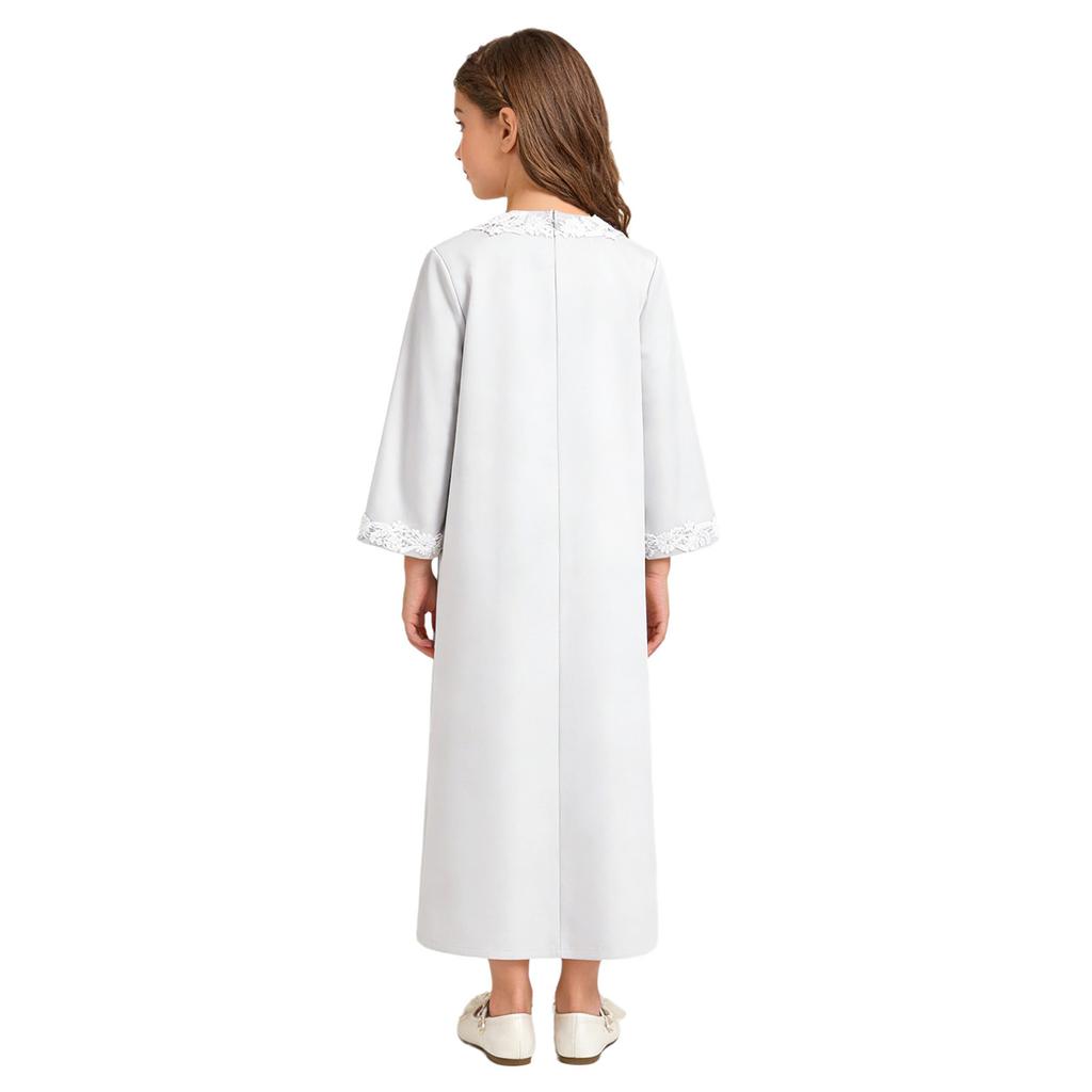 Girls Embroidered Lace Muslim Robe Abaya Round Neck Long Sleeve Back Invisible Zipper Loose Dress