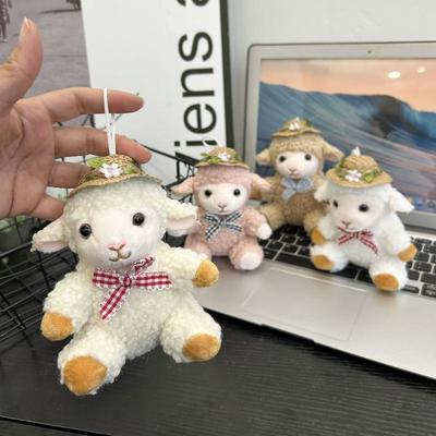 Fluffy Plush Sheep Keychain Cute Straw Hat Plaid Bow Design 1Pcs Fashion Bag Pendant for Daily Accessories Decor