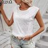 VEZFAA Women's Fashion Casual Summer Spring Solid Color Print Short Sleeve O-Neck Blouses & Shirts