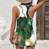 Women Plus Size Scoop Neck Sleeveless Tank Top Green White Gold Floral Printed Curved Hem