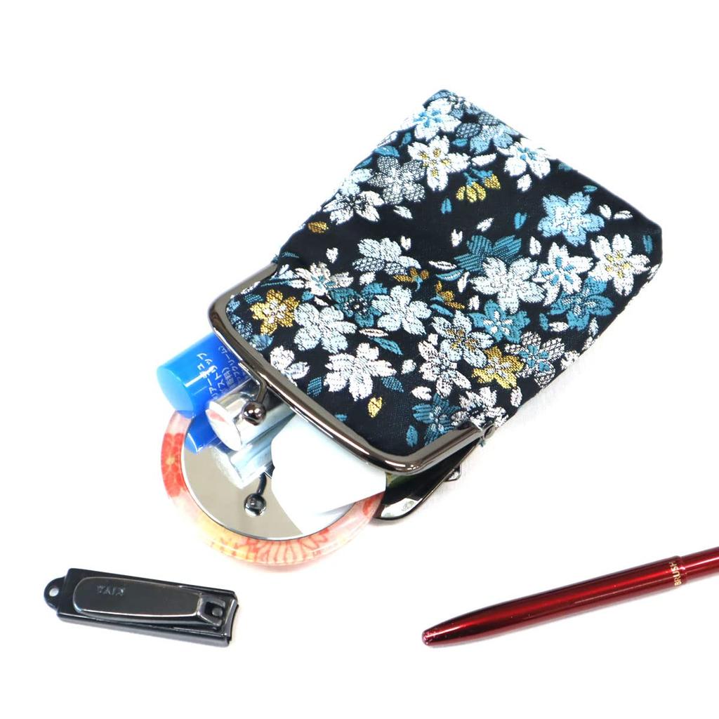 COCOLUCK Pouch Japanese Pattern Gold Brocade Nishijin Woven Wallet Accessory Case Case Pouch Made In Japan Cherry Blossom (night Blue)
